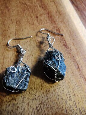 Rough Cut Black Tourmaline Dangle Earrings